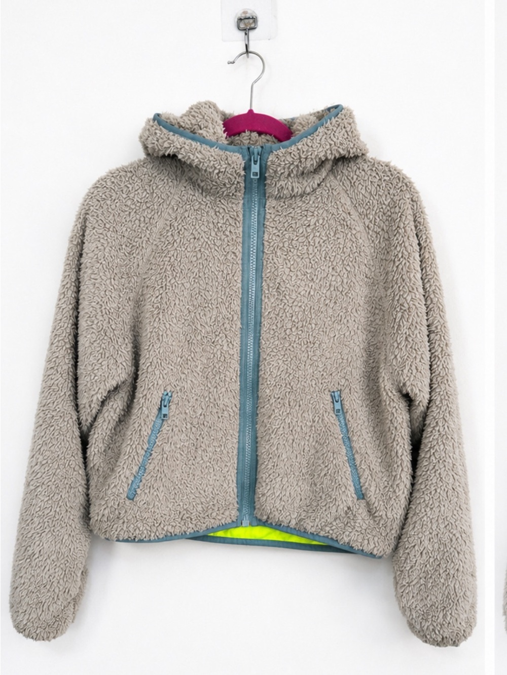 TNA Sherpa Teddy Fleece Hooded Zip Jacket Beige Blue Trim Size XS